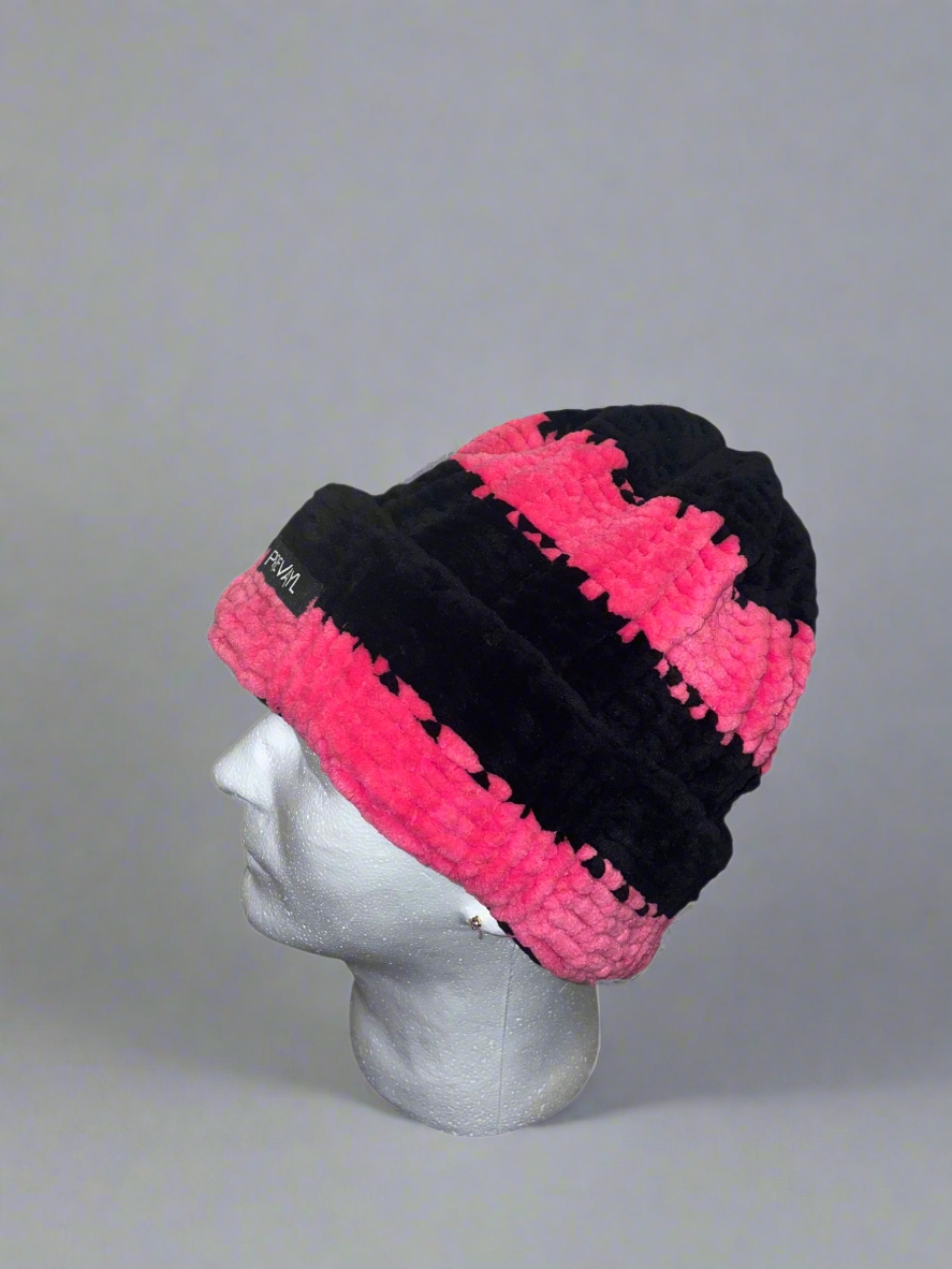 Pink & Black Striped Chunky Knit Beanie