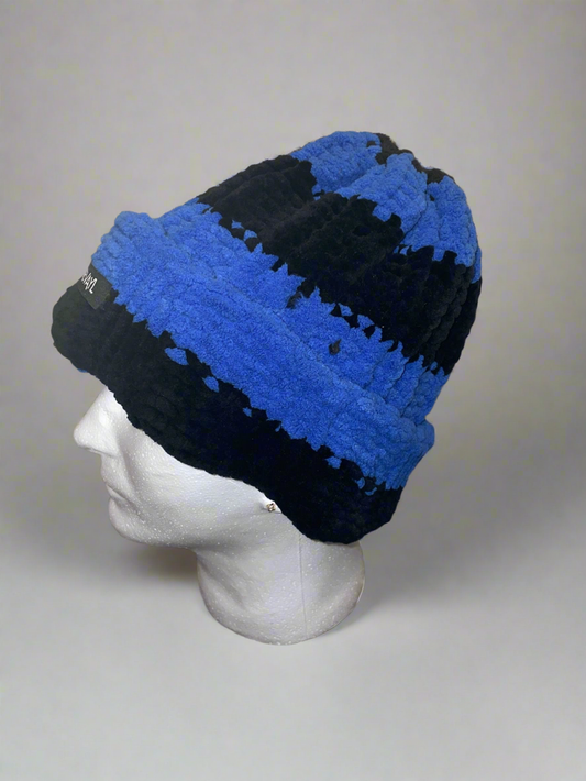 Blue & Black Striped Chunky Knit Beanie