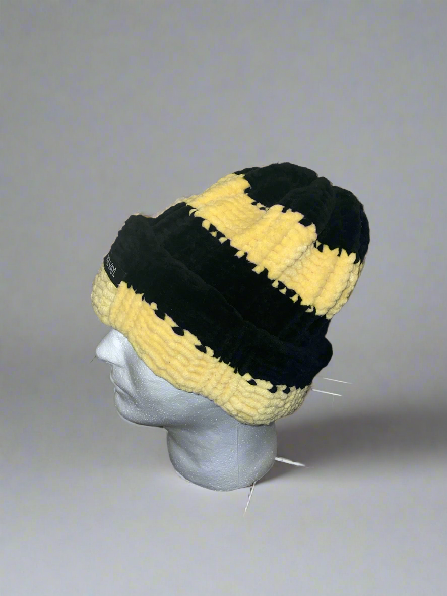 Yellow & Black Striped Chunky Knit Beanie