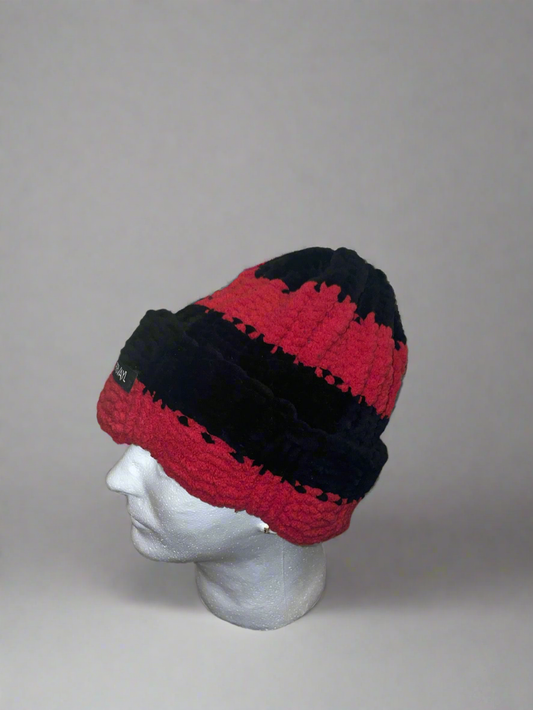 Red & Black Striped Chunky Knit Beanie